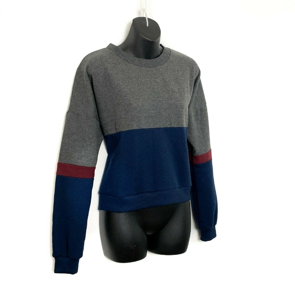 Eddie Bauer Blue, Gray, and Maroon Cropped Sweatshirt.
